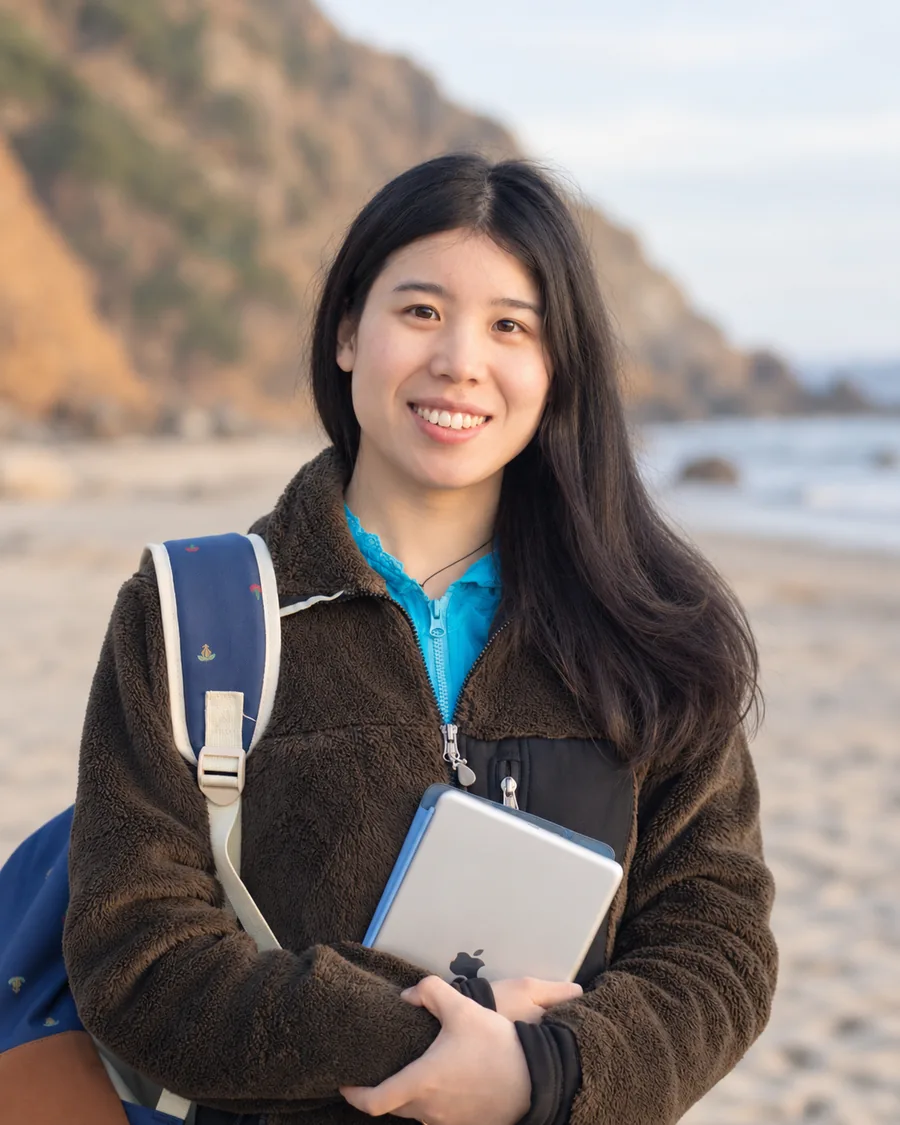 Jingjing smiling outdoors by the coast while holding a tablet.