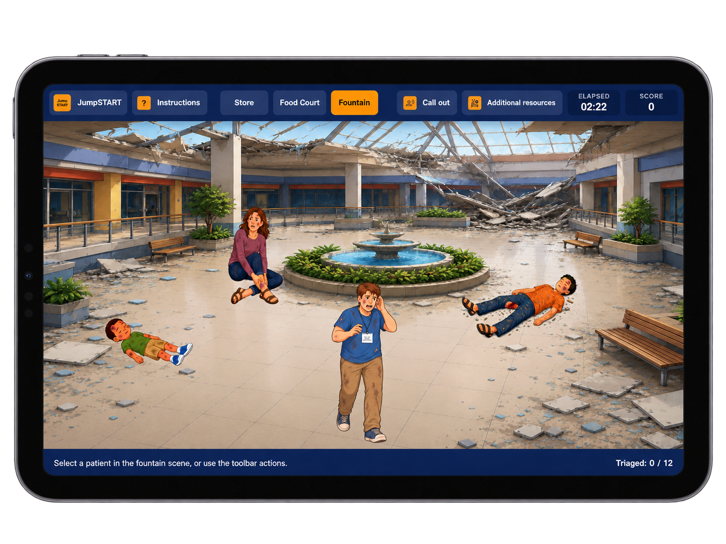 Landscape tablet displaying the tornado mass-casualty triage simulation