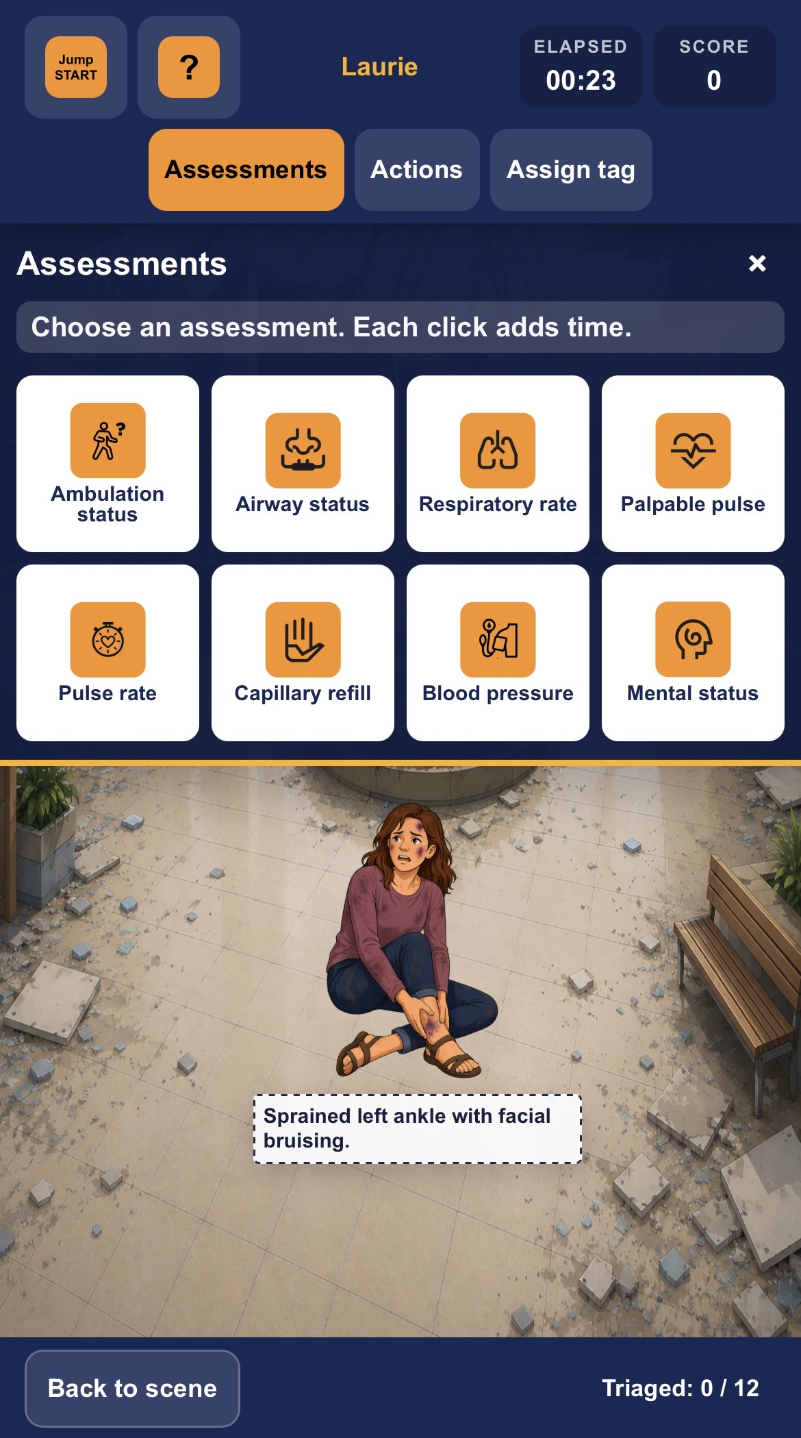 Responsive web simulation on a phone, with assessment choices in two rows above a full-width patient scene