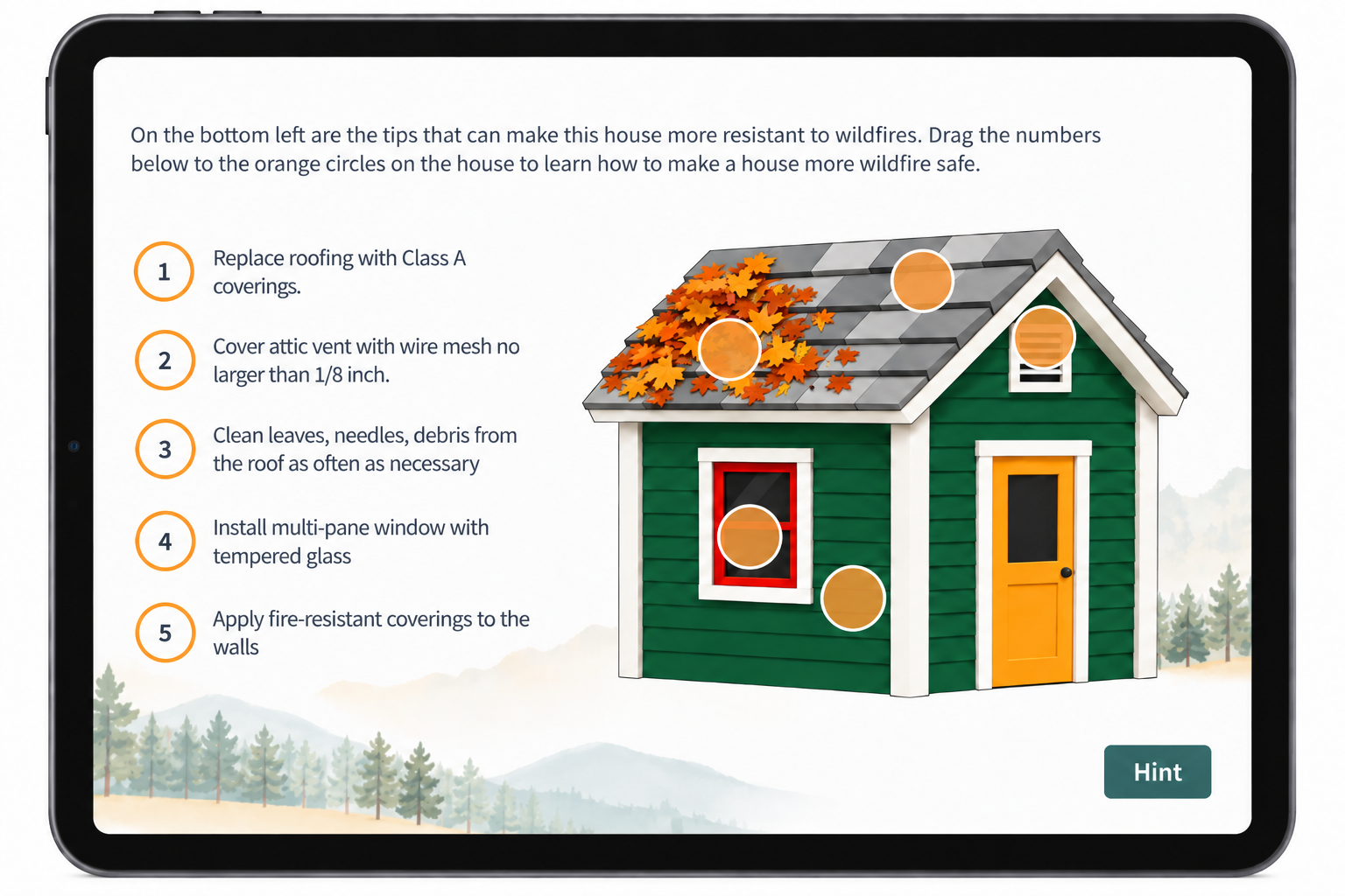 Tablet displaying an interactive wildfire home-hardening activity
